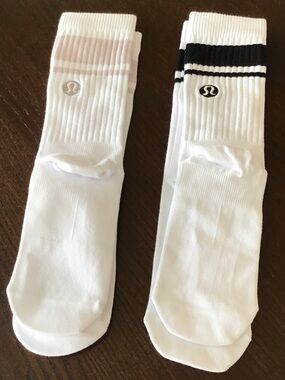 NWOT Lululemon athletica White Crew Socks with Black and Tan Stripes